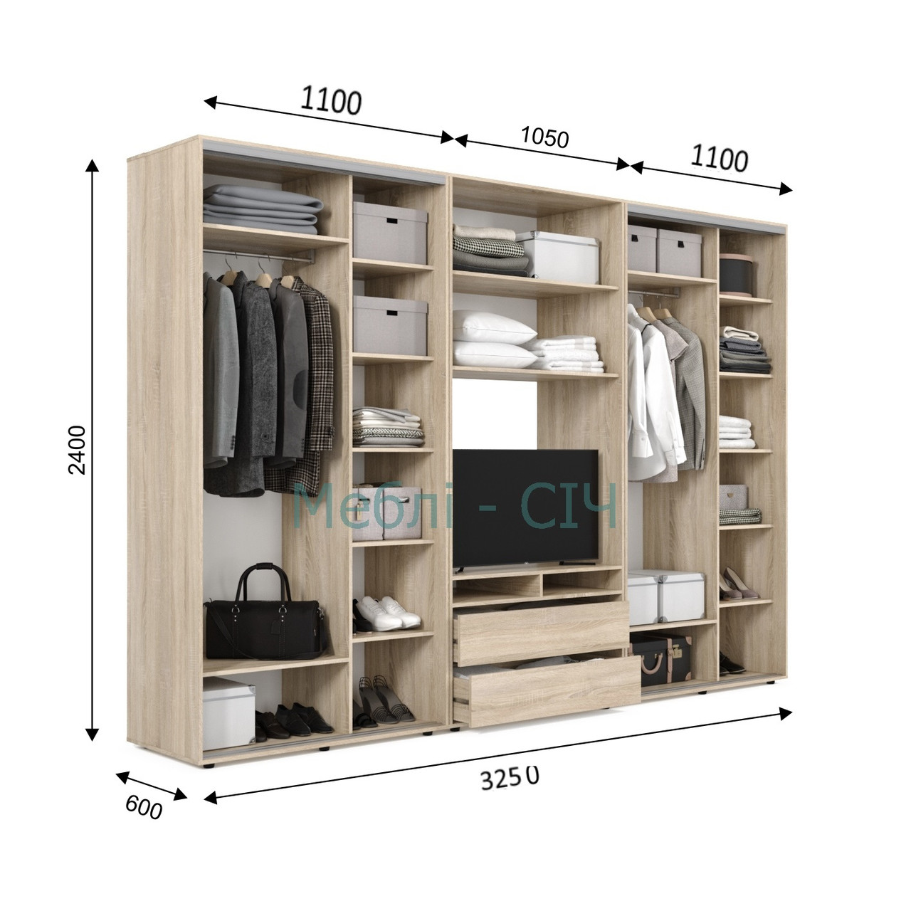 

Шкаф купе под ТВ Мебель Сич ШКТВ-3/325 (3250х600х2400) Дуб Сонома