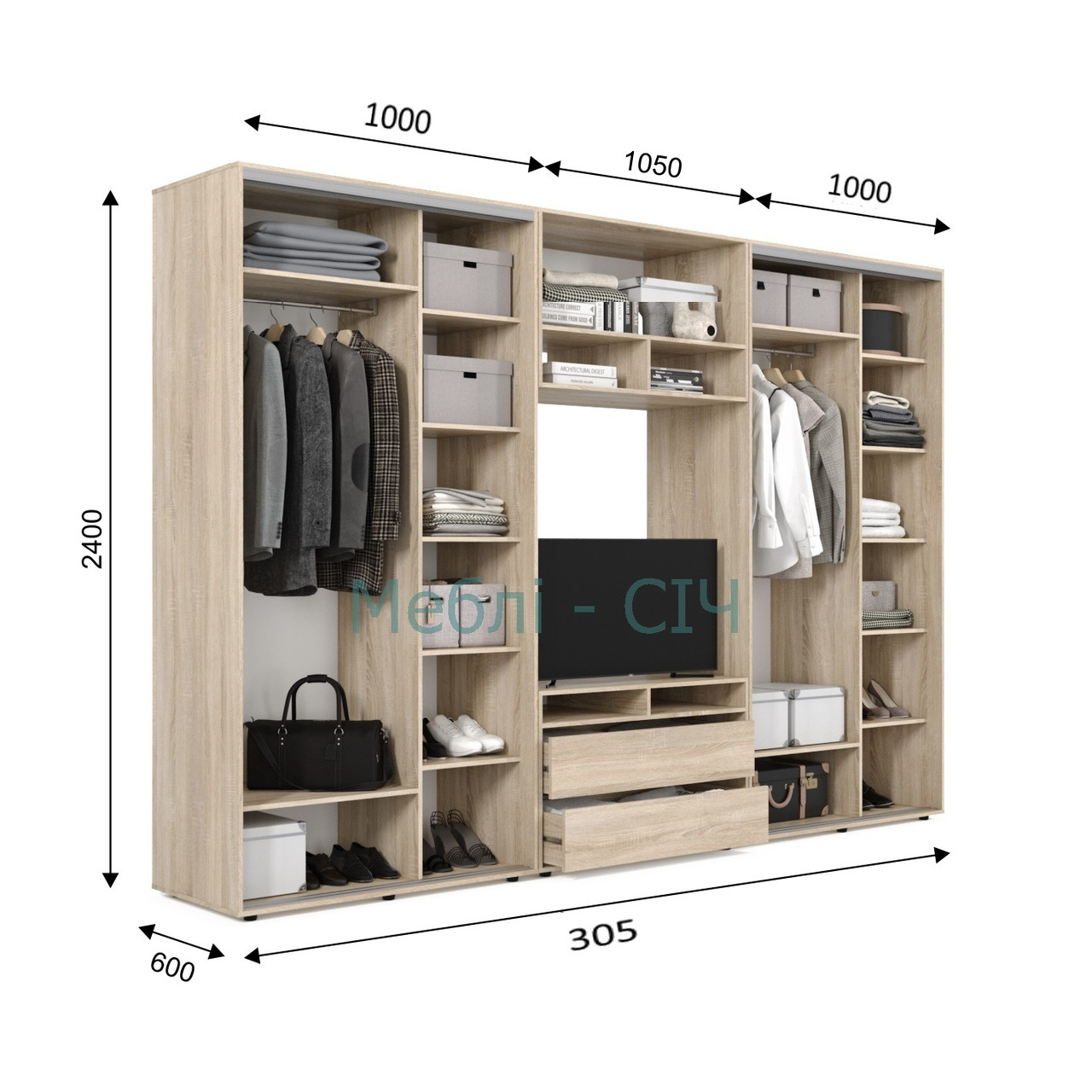 

Шкаф купе под ТВ Мебель Сич ШКТВ-5/305 (3050х600х2400) Дуб Крафт Белый