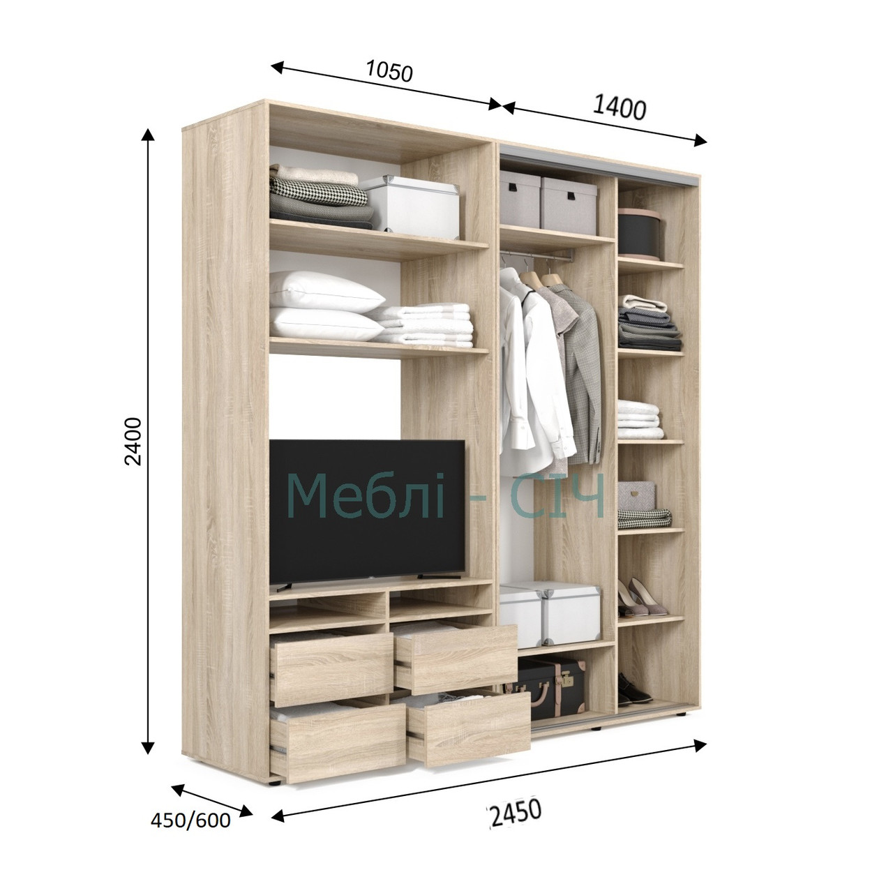 

Шкаф купе под ТВ Мебель Сич ШКТВ-1/245 (2450х450х2400) Дуб Молочный