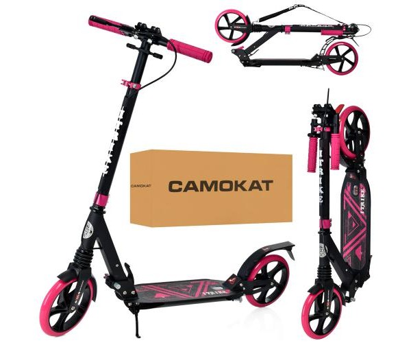 

Двухколесный самокат iTrike SR 2-018-10-BP с двумя амортизаторами, ручным тормозом, Черно-розовый