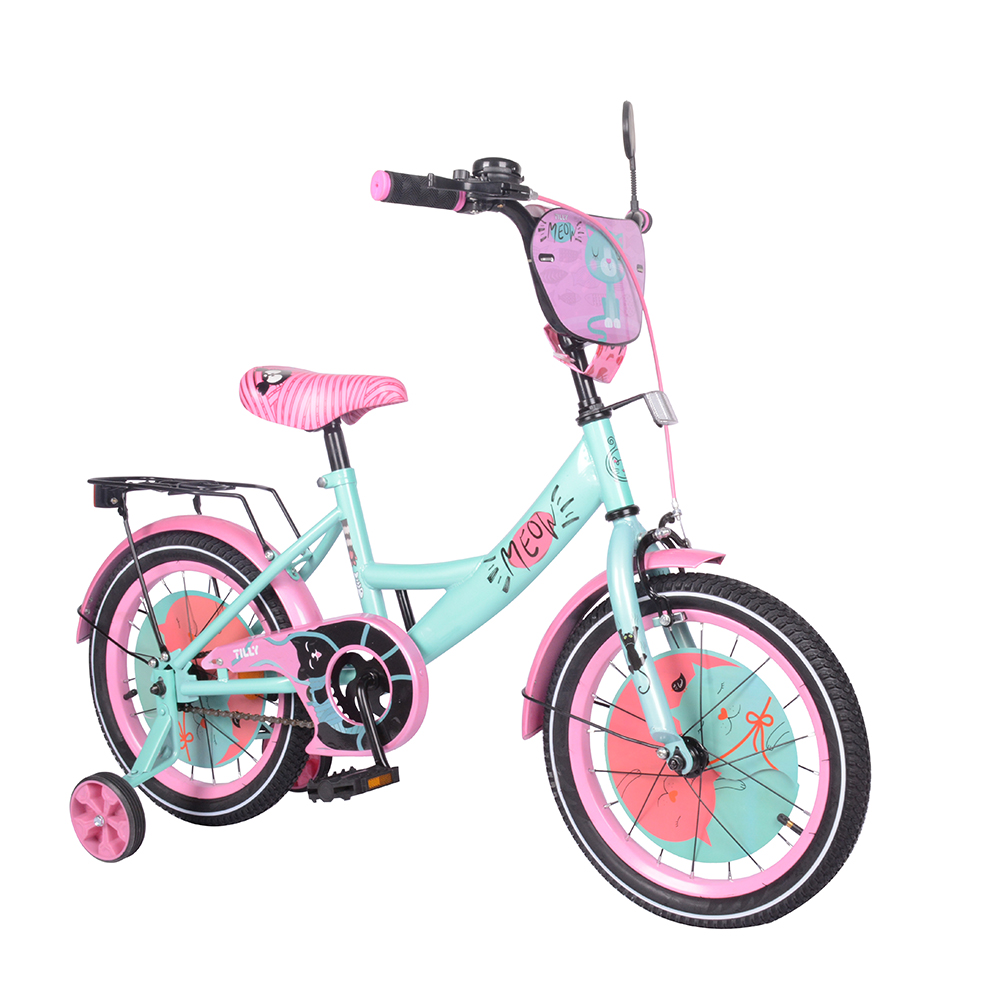 

Велосипед TILLY Meow T-216218/1 16" с 2 тормозами, багажником и зеркалом Бирюзовый/Розовый