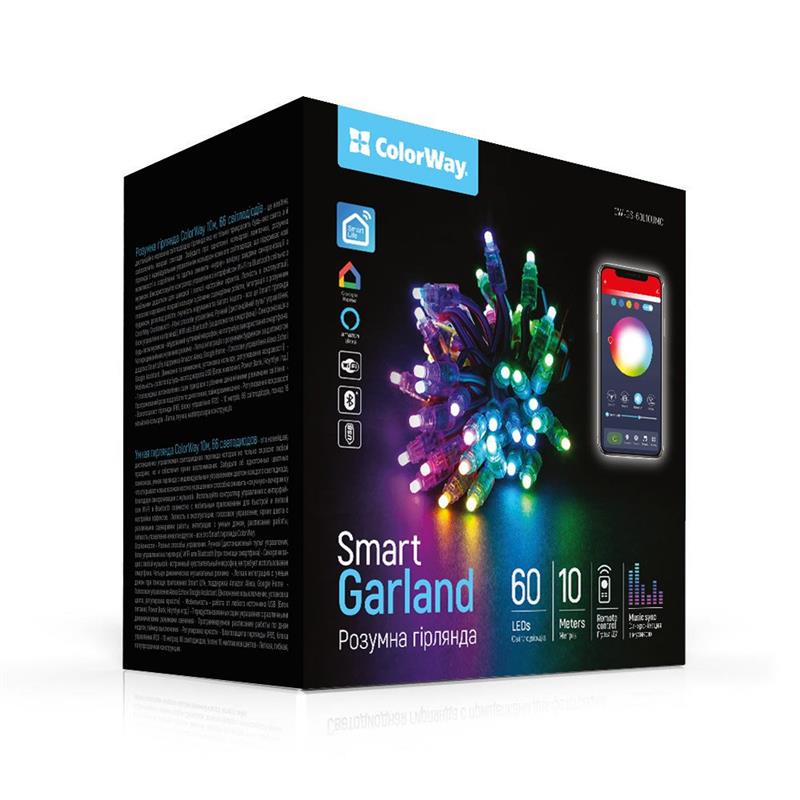 

Smart LED RGB гирлянда ColorWay (CW-GS-60L10UMC) 60LED, 10м, WiFi, Bluetooth, синхронизация освещения с музыкой