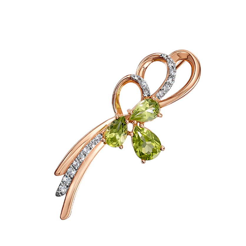 

Золотая брошь Изабелла в комбинированном цвете с хризолитами и фианитами 000124334