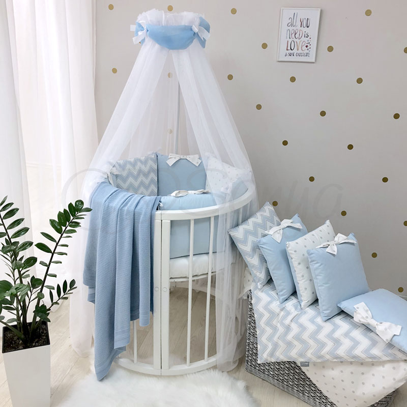 

Постельный комплект в овальную\круглую кроватку (6 пр. без балдахина) Shine голубой зигзаг