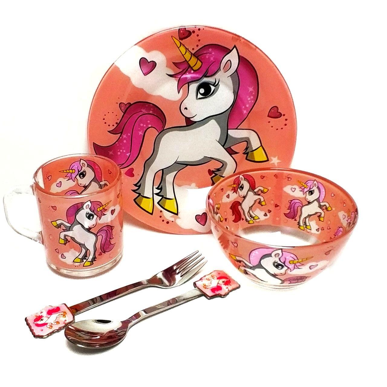 

Детский набор стеклянной посуды Metr+ Единорог 5 предметов для кормления розовый