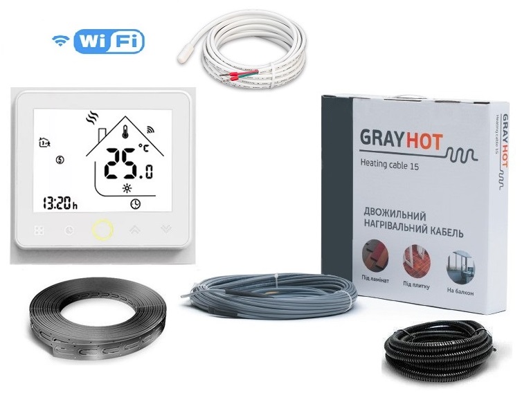 

Тепла підлога нагрівальний двожильний кабель Gray Hot Heating 51м. 752Вт з програмованим сенсорним WiFi терморегулятором в комплекті(VIT09988389)