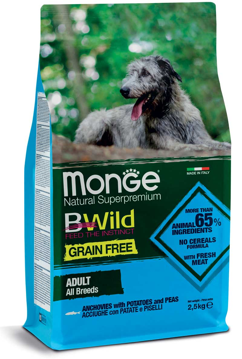 

Беззерновой сухой корм Monge Dog Bwild Gr.Free All Breeds Acciughe для взрослых собак всех пород с анчоусом 2.5 кг