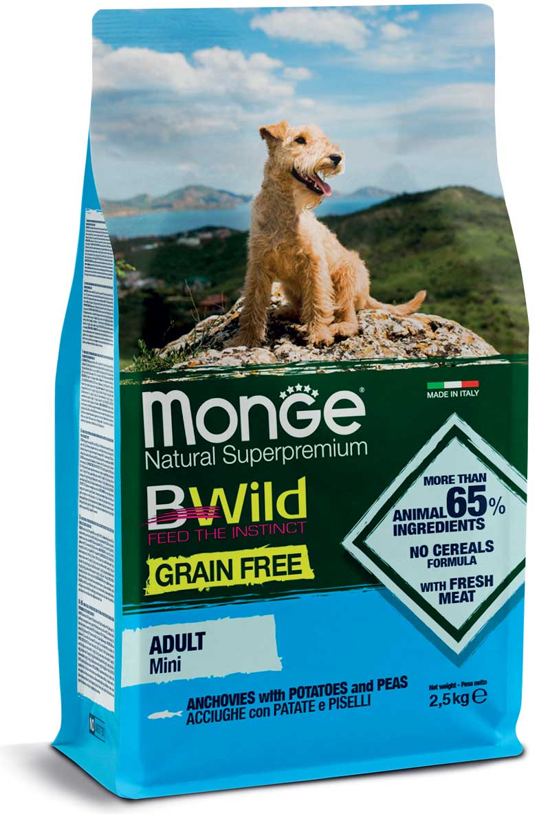 

Беззерновой сухой корм Monge Dog Bwild Gr.Free Mini Adult Acciughe для взрослых собак мелких пород с анчоусом 2.5 кг