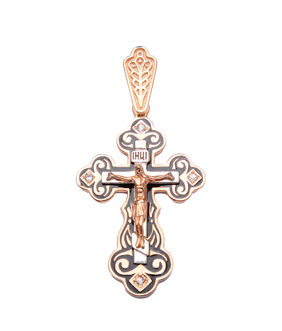 

Золотой крестик Спаситель мира с фианитами и черной эмалью 000104036