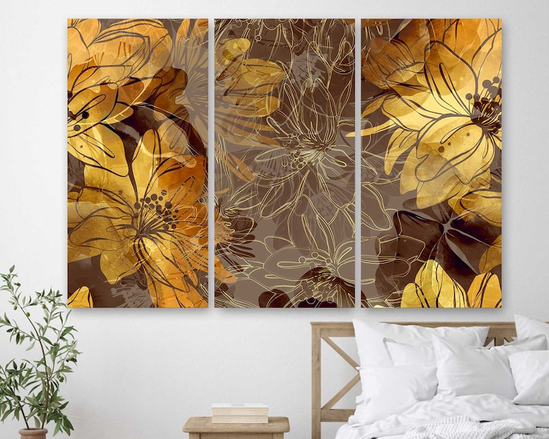 

Модульная картина на холсте из трех частей Золотые цветы 128x81 см