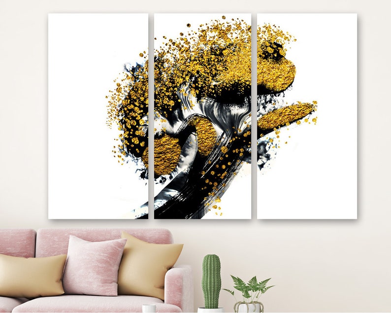 

Модульная картина на холсте из трех частей Чёрная и золотая тушь, абстракция 78x48 см