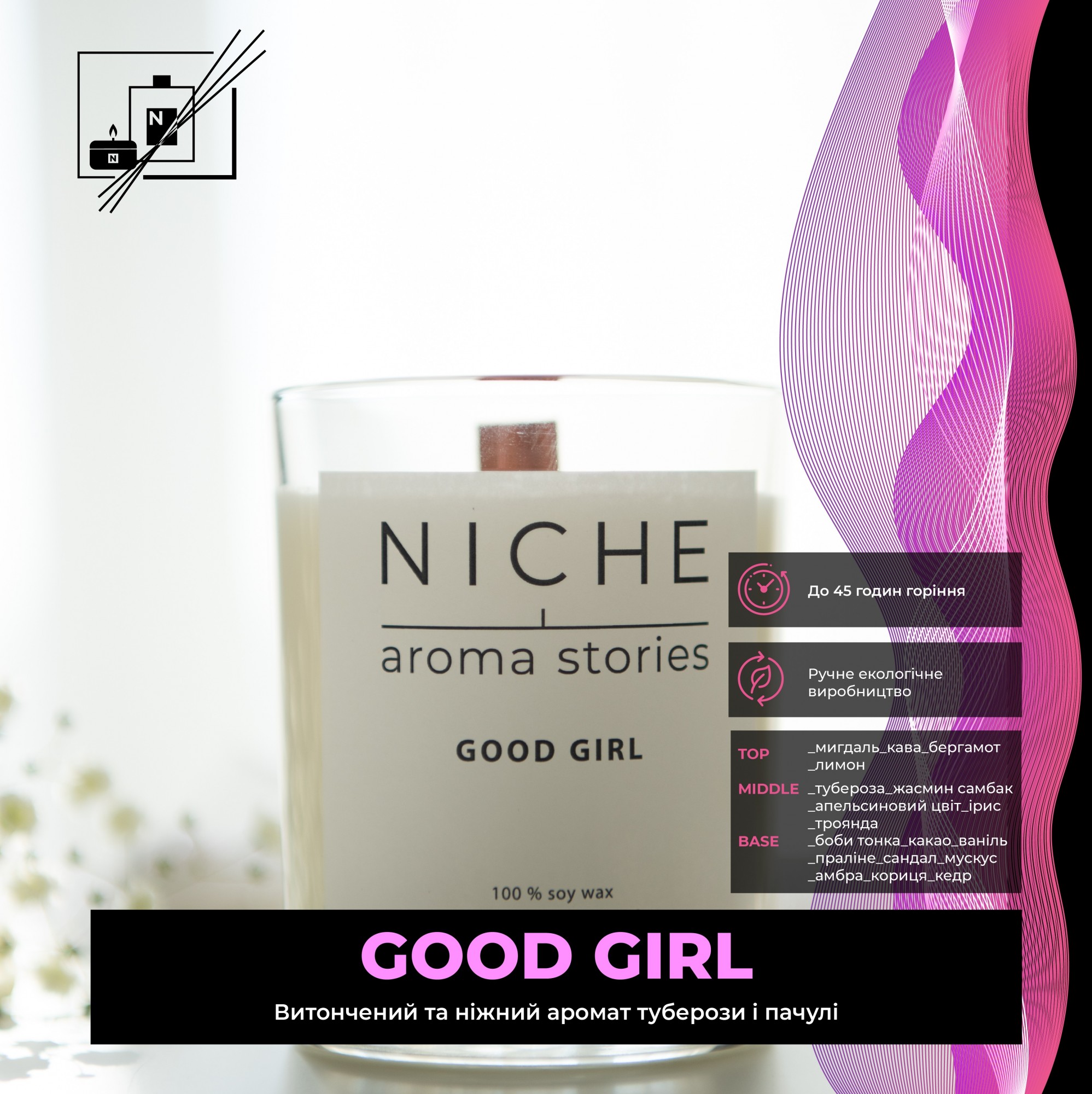 

Соевая парфюмированая свеча Niche aroma stories Good Girl 250 г