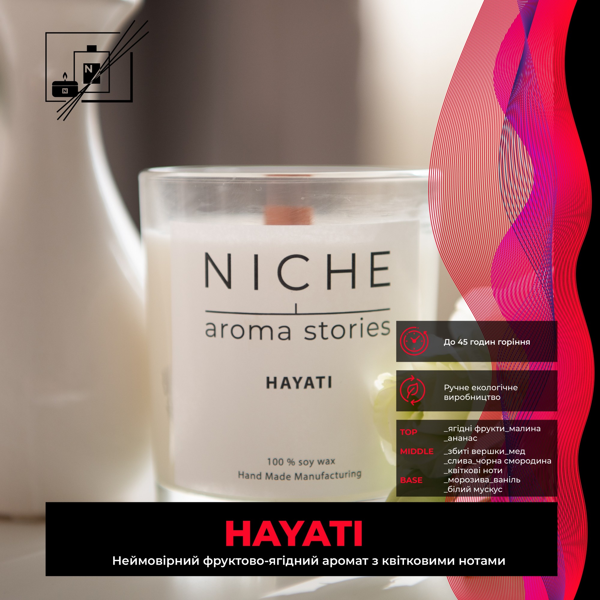 

Соевая парфюмированая свеча Niche aroma stories Hayati 250 г