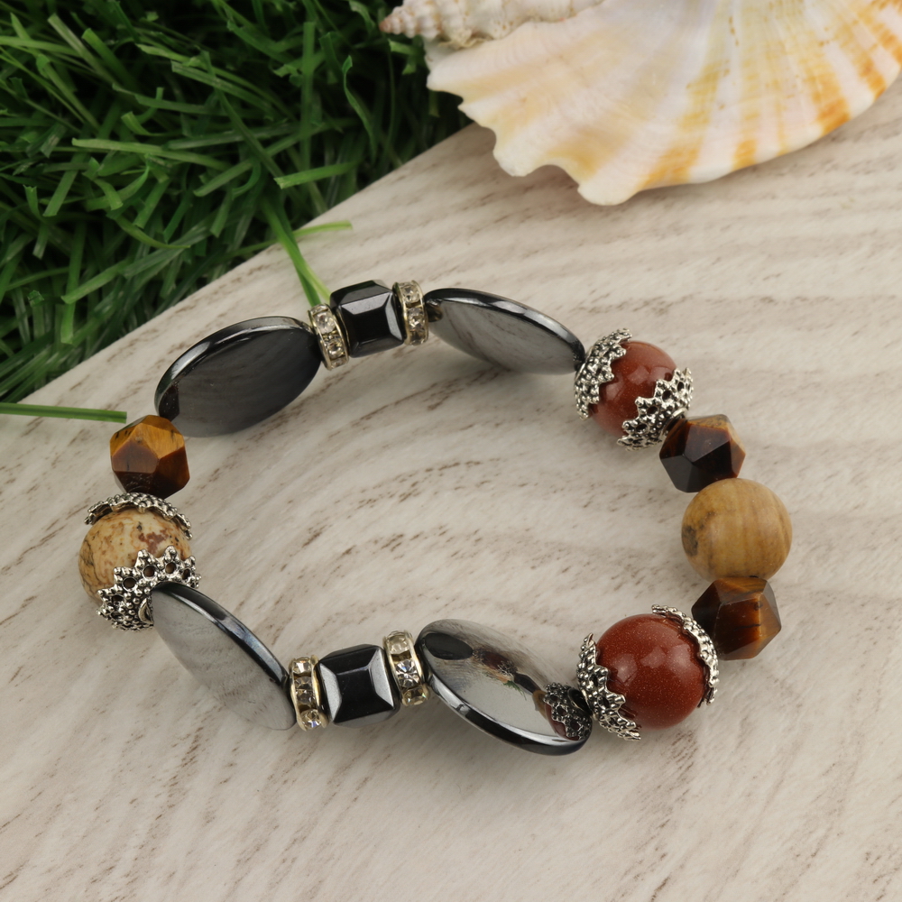 

Браслет гематит натуральный и тигровый глаз натуральный (10,12,18 мм), размер 17 см, julB1185