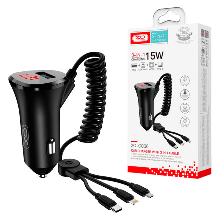 

Автомобильное зарядное устройство XO CC36 3in1 1USB 15W Lightning, micro-USB, Type-C black