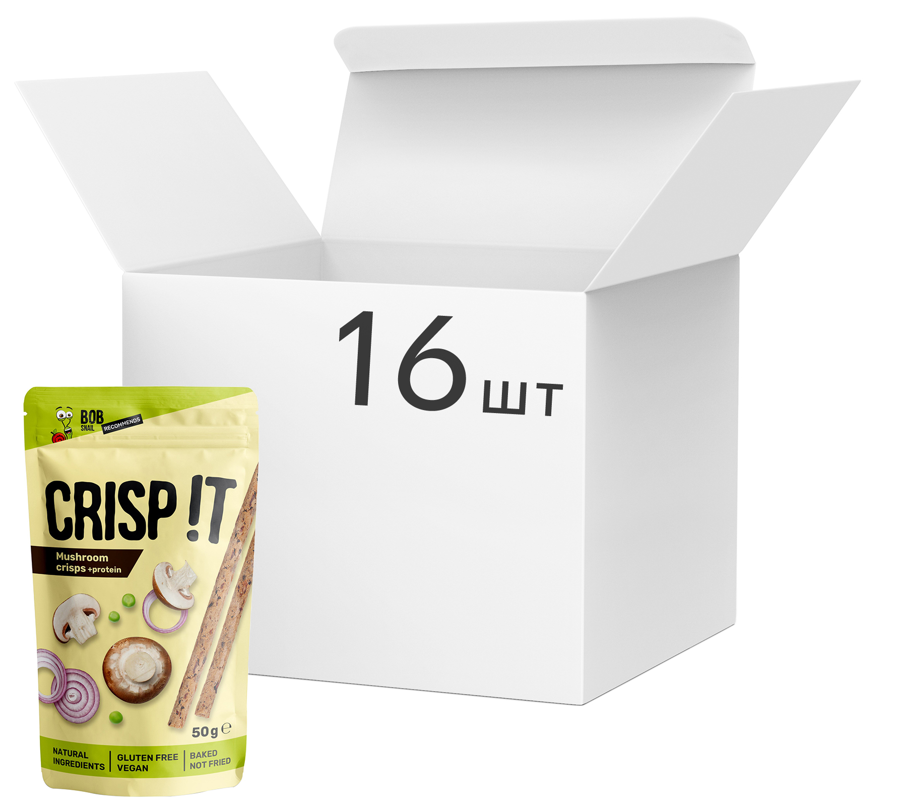 

Упаковка снеков овощных Bob Snail Crisp It с грибами и протеином 50 г х 16 шт (4820219344155)