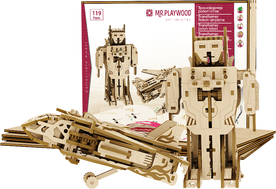 

3D конструктор из дерева Mr.Playwood Трансформер Робот−самолет 119 деталей