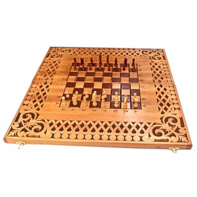 

Игровой набор 3в1 нарды шахматы и шашки (56×28×2,2см) резные деревянные с фигурами и фишками