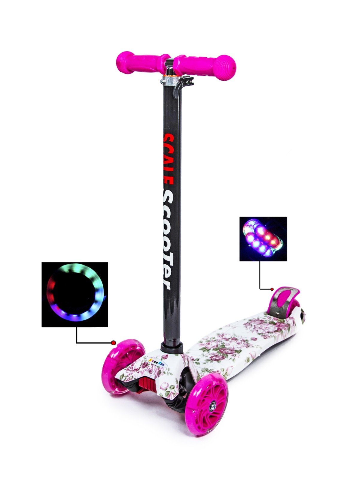 

Детский самокат Scale Sports MAXI. Flowers. Roses. Светящиеся малиновые колеса!