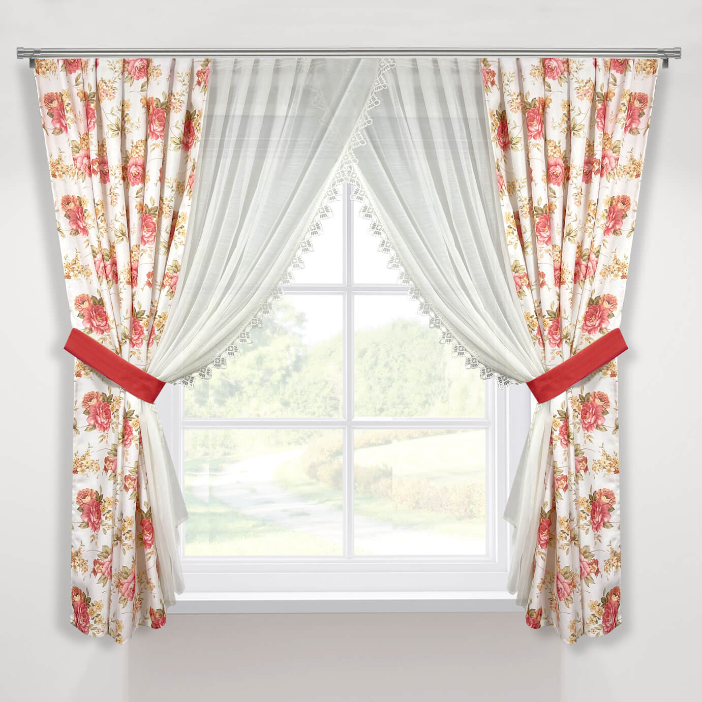 

Комплект кухонных коротких штор Adagio Windows Decor Занавеска красная с цветами под карнизы 2м шириной и 1,7 м высотой