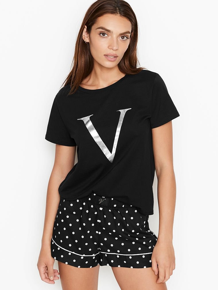 

Домашний комплект пижама Victoria’s Secret футболка и шорты 1159757661 (Черный/Белый, XL)