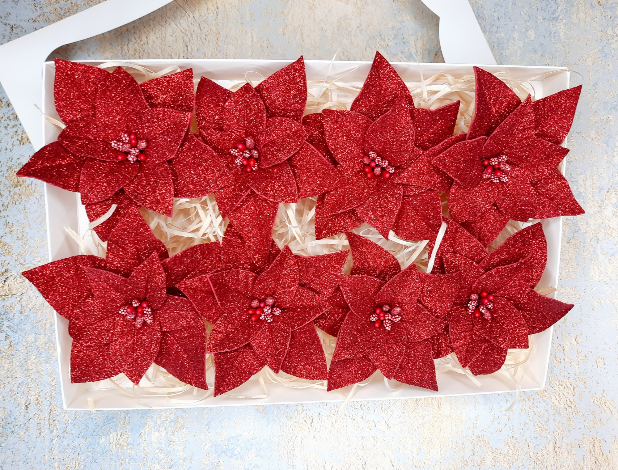 

Новогодний декор Пуансеттия 13 см красная с глиттером на зажиме 8 шт. в подарочной упаковке