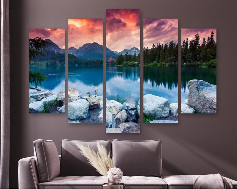 

Модульная картина на холсте из пяти частей Багряное небо над горным озером 187x119 см