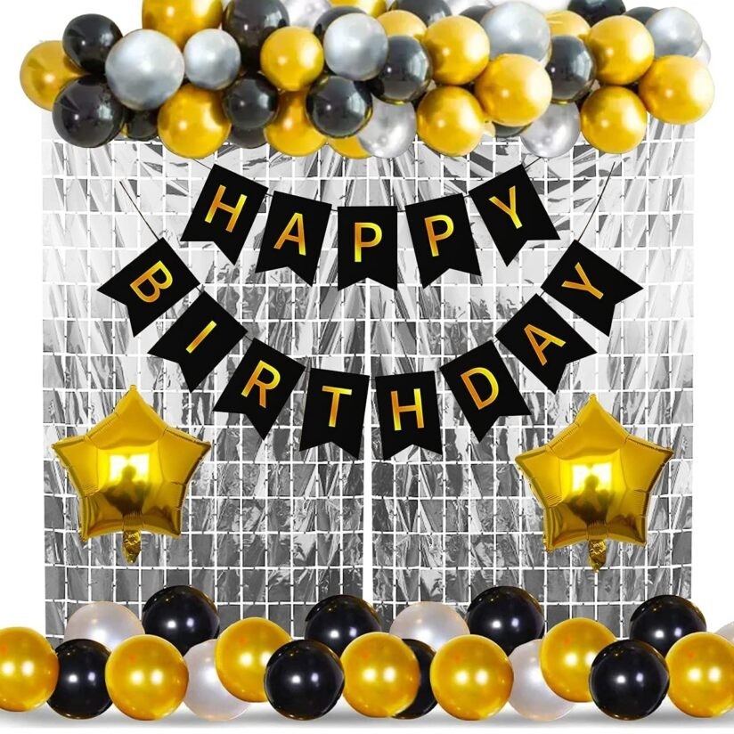 

Декоративный фон для вечеринки со шторкой Серебро с бумажной гирляндой Happy Birthday