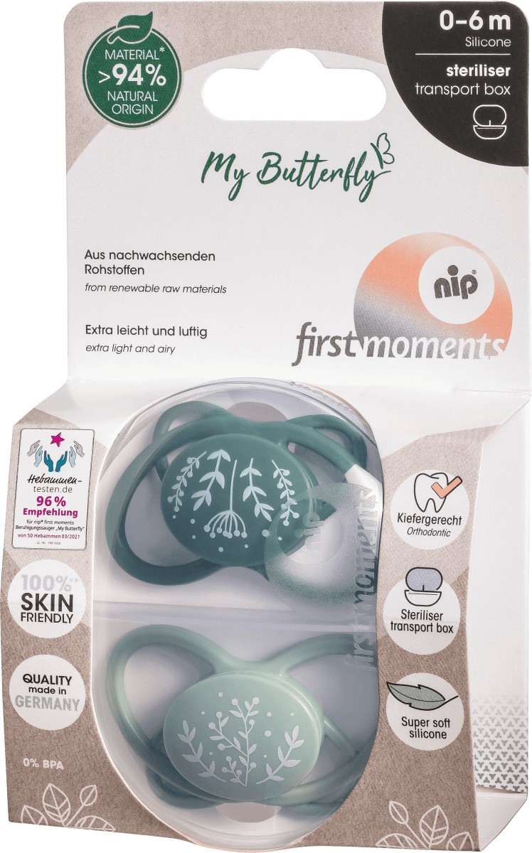 

Силиконовая пустышка Nip Моя бабочка, 0-6 мес., зеленый, 2 шт. + футляр для хранения и стерилизации (31610)