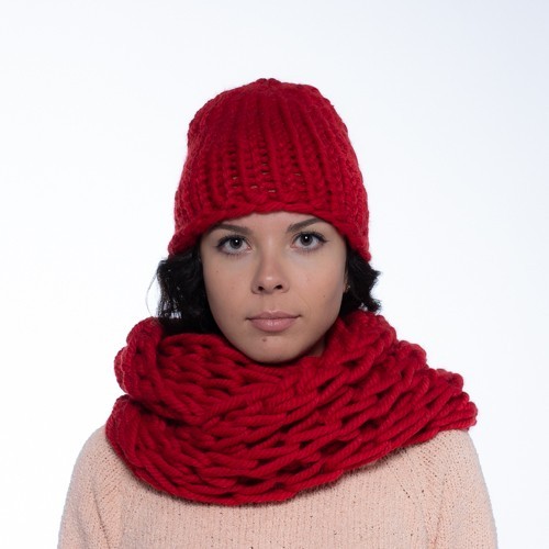 

Комплект зимний из толстой пряжи шапка и снуд PureWool Zefir Красный ZR11175NW