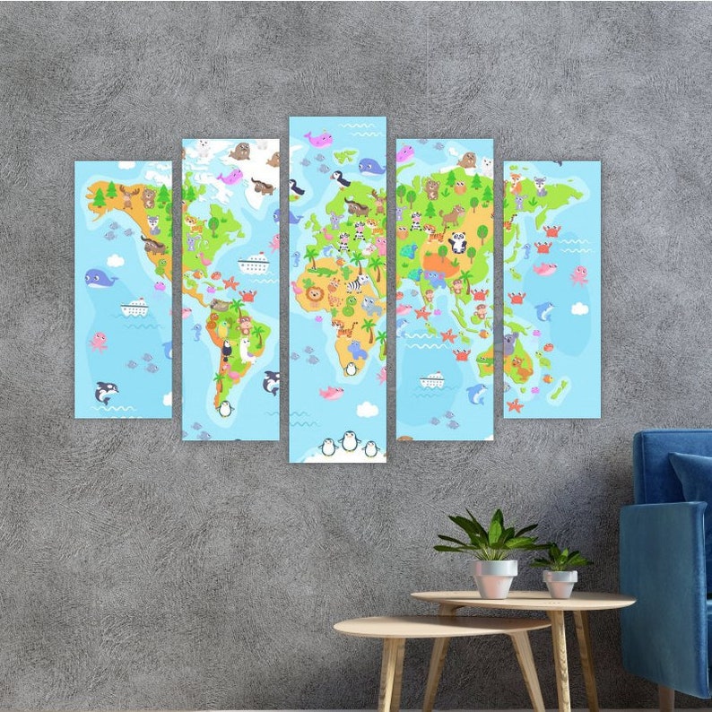 

Модульная картина на холсте из пяти частей Карта мира с изображением животных 137x85 см