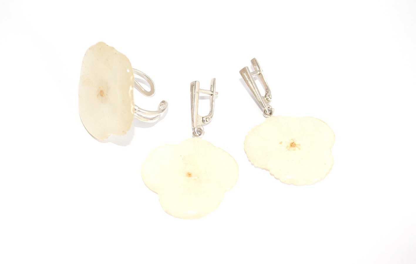 

Серьги и кольцо BLOOMERY с белой гортензией в эпоксидной смоле (Set12/1)