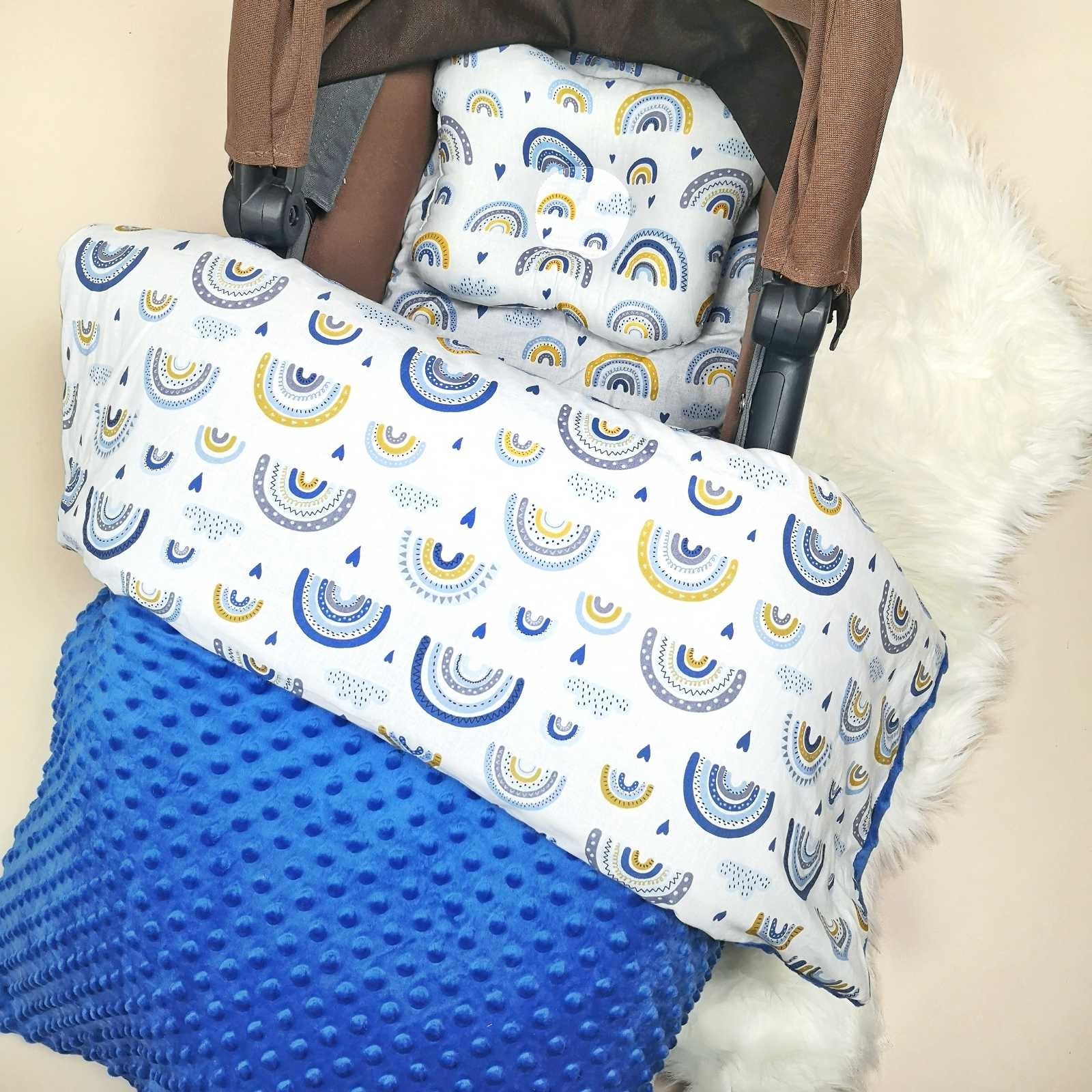 

Набор в коляску: плед, простынка на резинке, подушка Kid Way Радуга синий