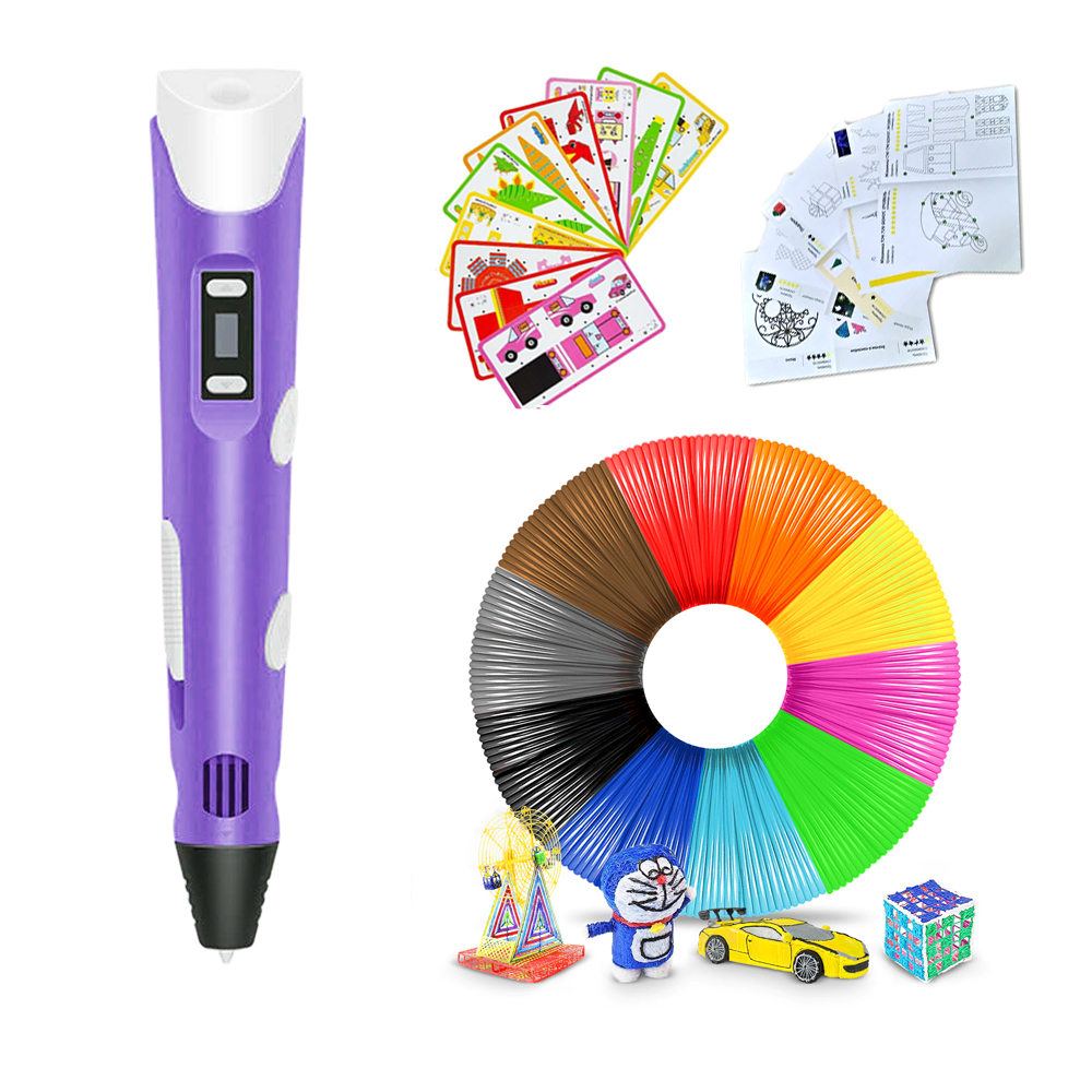 

3Д ручка для рисования 3D Pen 3 с комплектом эко пластика 50 метров и два набора трафаретов Фиолетовая