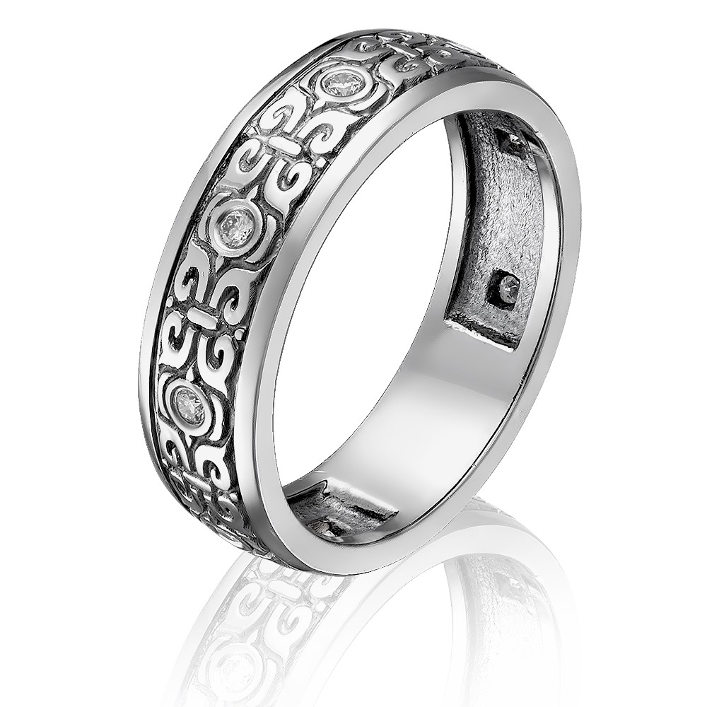 

Золотое кольцо (750) с орнаментом, бриллианты 0.13ct, белое с чернением, Congress Diamond. Размер 17.5//W115DR18(17.5)