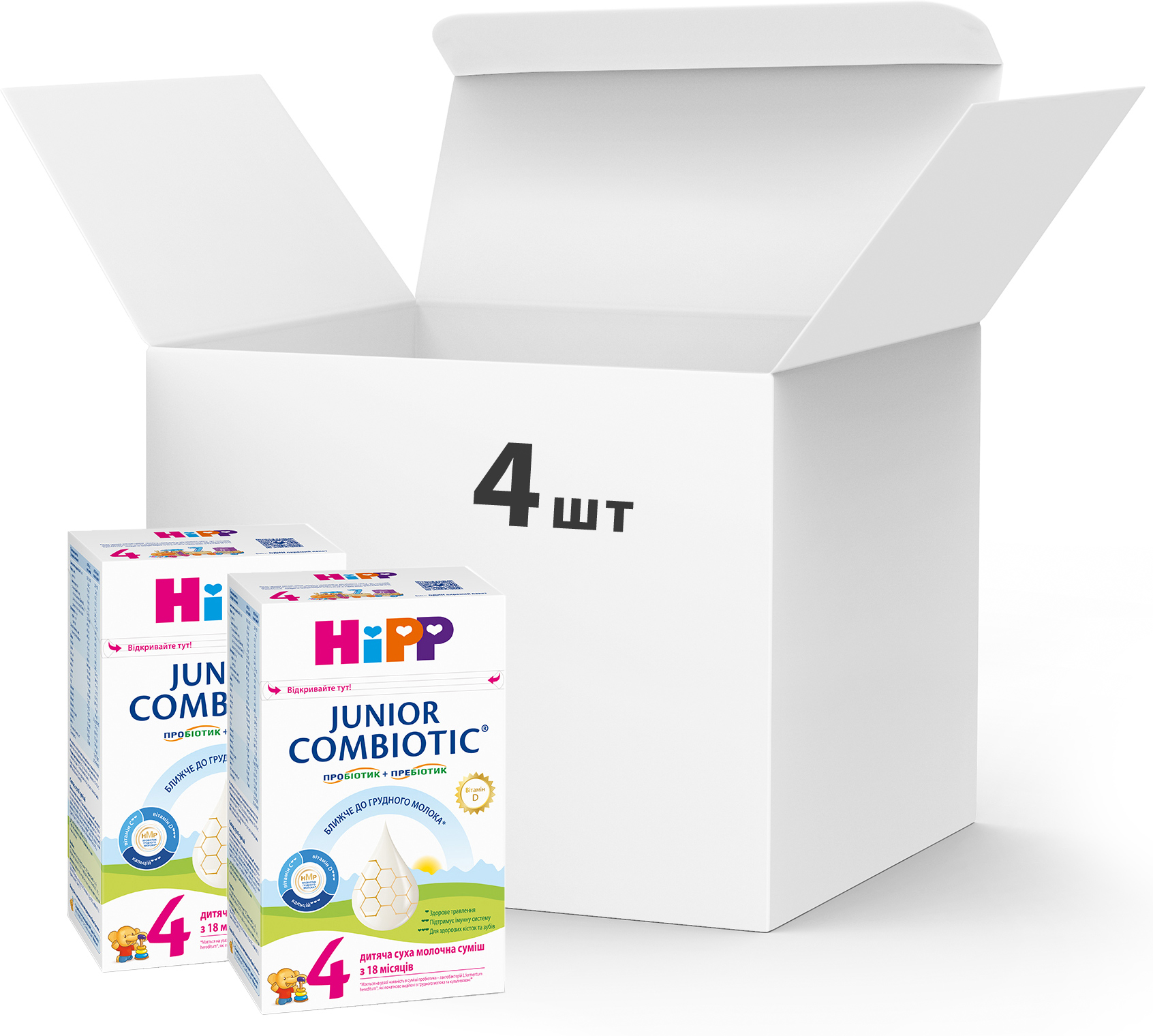 

Упаковка детской сухой молочной смеси HiPP Combiotic 4 Junior 4 пачки по 500 г (9062300438809_9062300438519)