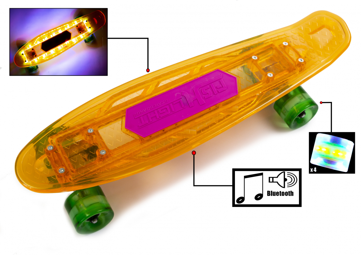 

Пенни борд (Penny Board) "Fish Skateboards Original" с музыкальной и светящейся декой, Оранжевый