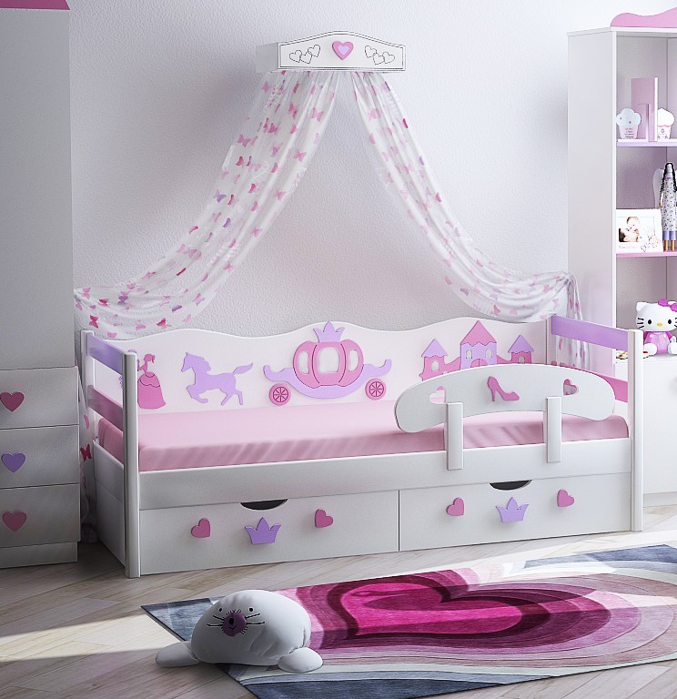 

Детская кроватка Polyana Skazok Золушка/Pink Standart декорированная 160х80 натуральное дерево + бортик + подкроватные ящики