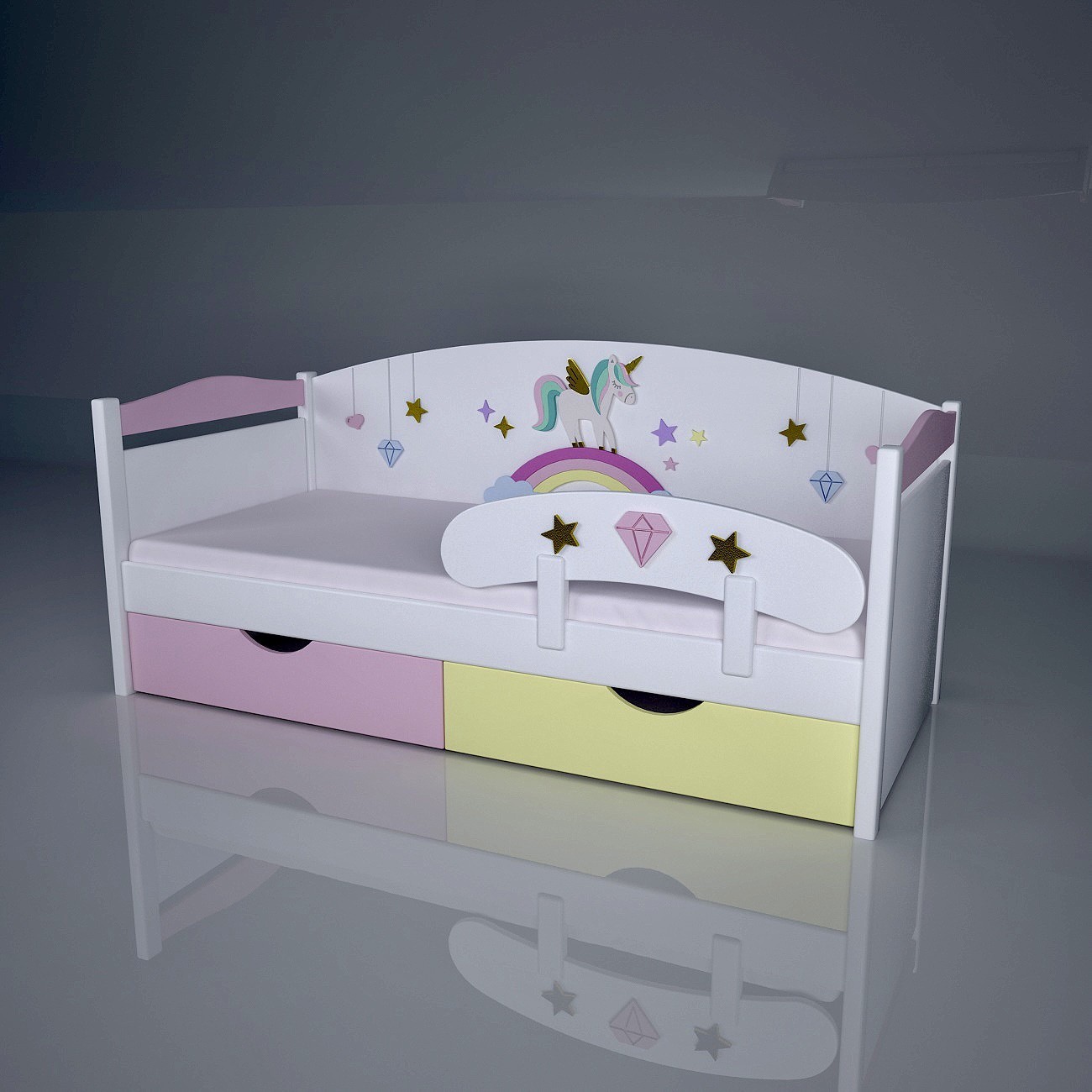 

Детская кроватка Polyana Skazok Magic unicorns Standard декорированная 160х80 натуральное дерево + бортик + подкроватные ящики