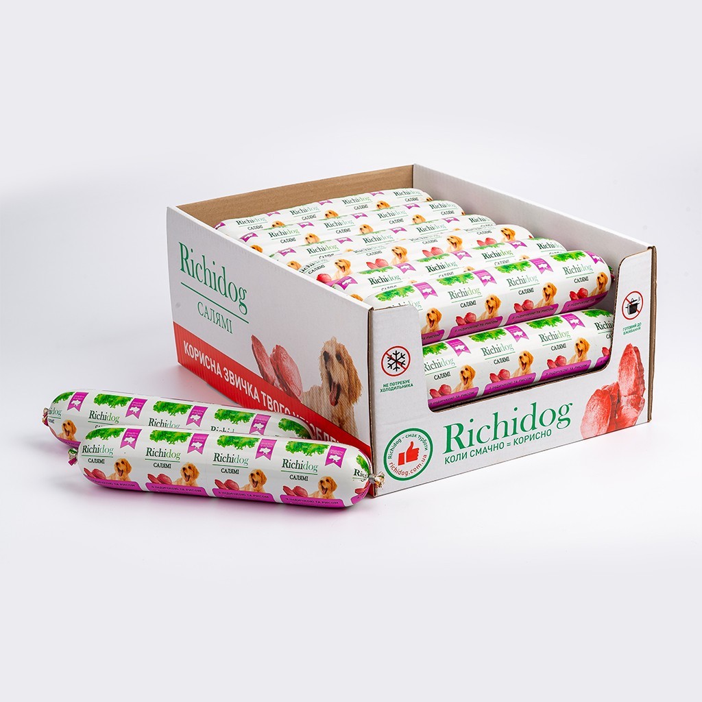 

Ящик корма-паштета салями для собак Richi Dog c индейкой и рисом 21 шт. по 620 г