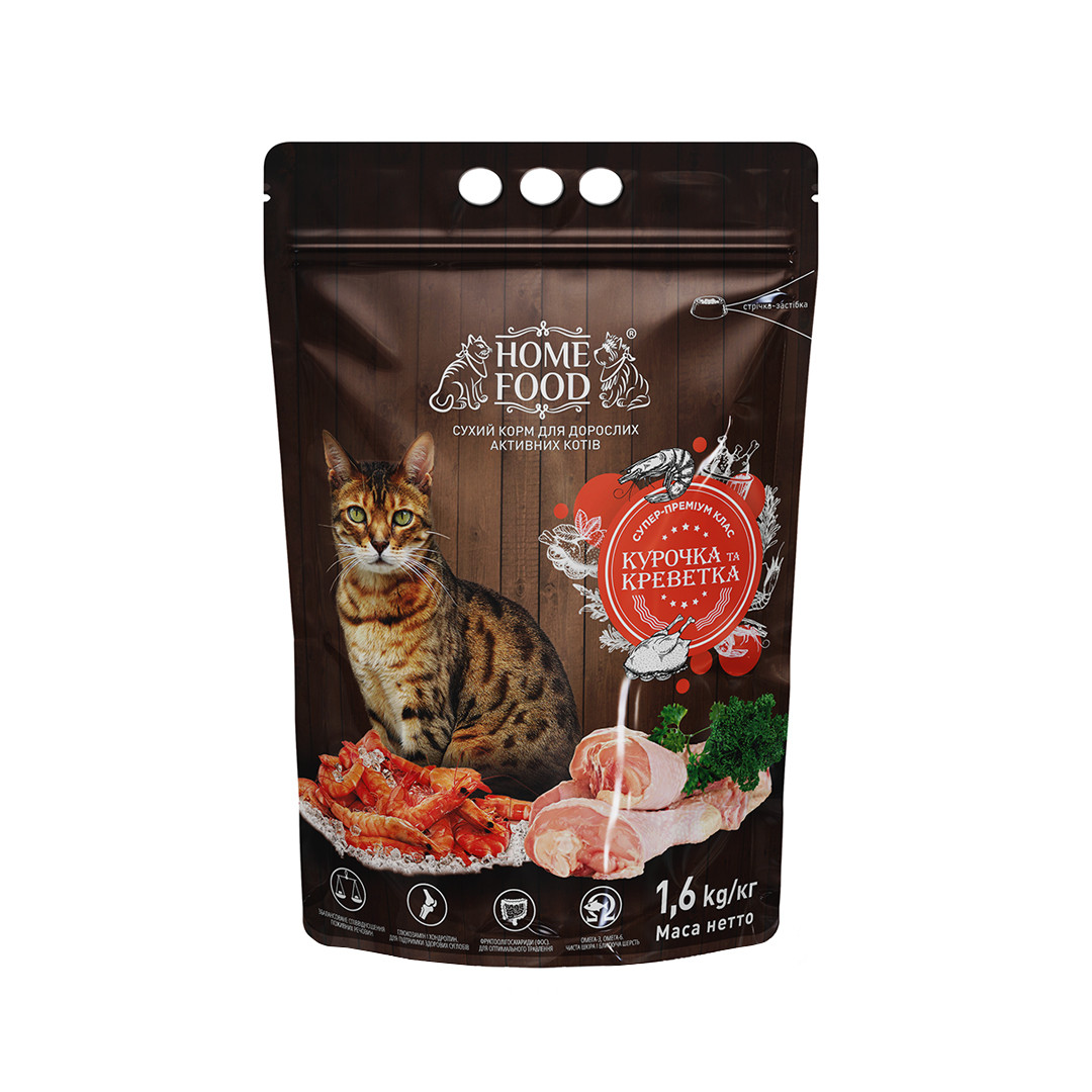 

Home Food, корм для взрослых активных котов «Курочка и креветка», 1.6 кг