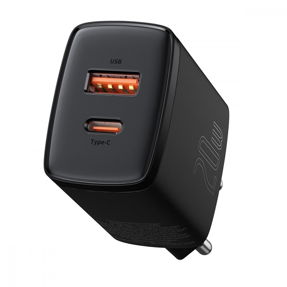 

Сетевой адаптер Baseus Compact Quick Charger 20W QC+ PD Type-C + USB CCXJ-B02 Черный