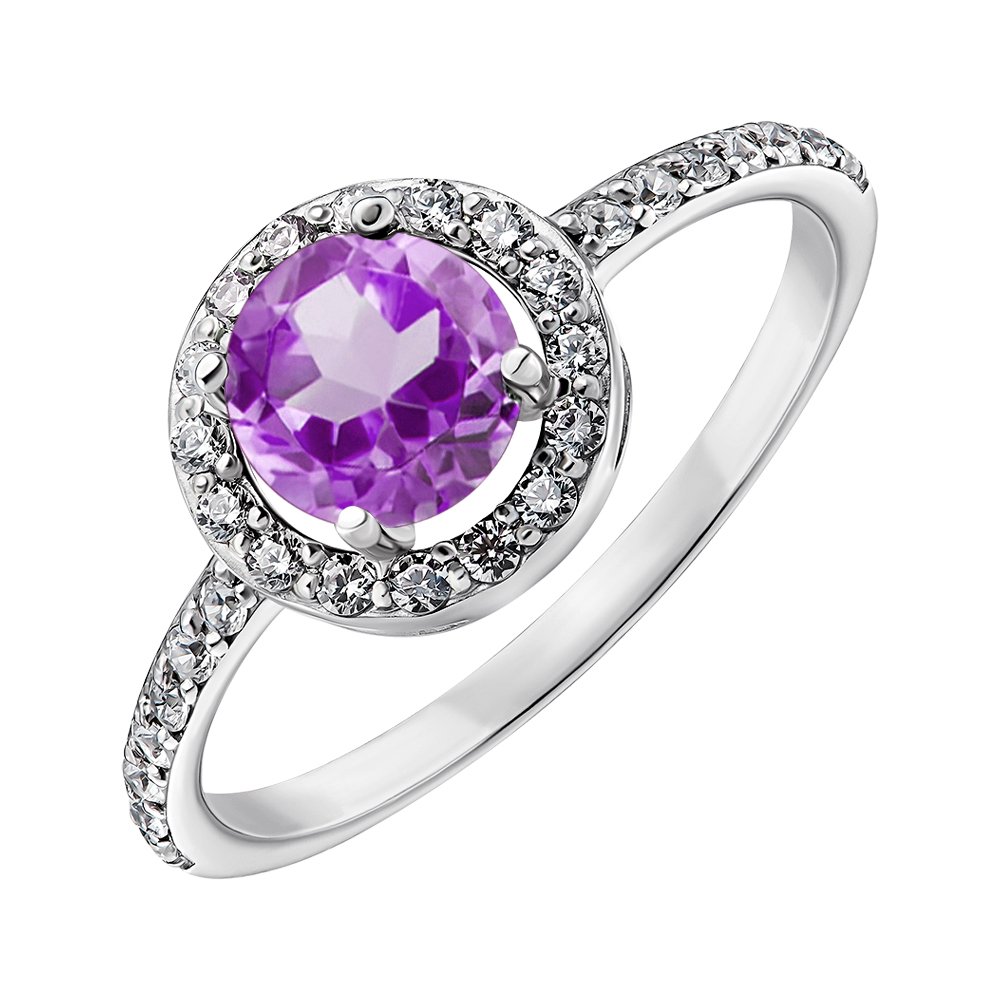 

Серебряное кольцо с аметистом и фианитами 000011209 18.5 размера