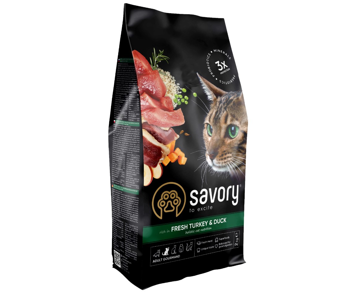 

Сухой корм со свежей индейкой и уткой для привередливых котов Savory Adult Cat Gourmand Fresh Turkey & Duck 2 кг Savory BGL-SV-11