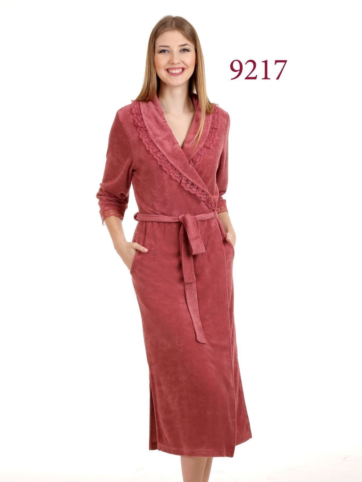 

Женский халат на запах махровый длинный Esra 9217 бордо XL