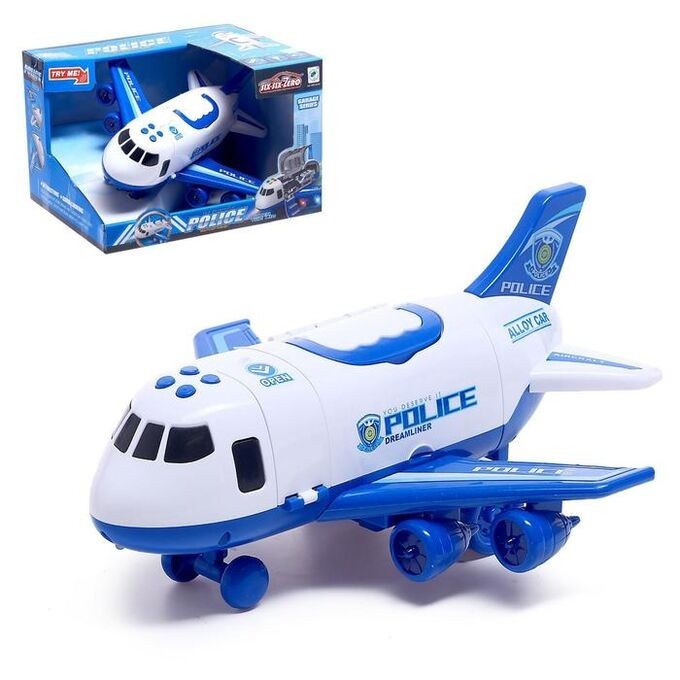 

Игрушечный детский грузовой самолет-гараж TK Union Group полицейский самолет со светом, звуком и паром, 4 машинки Синий 660 А-308