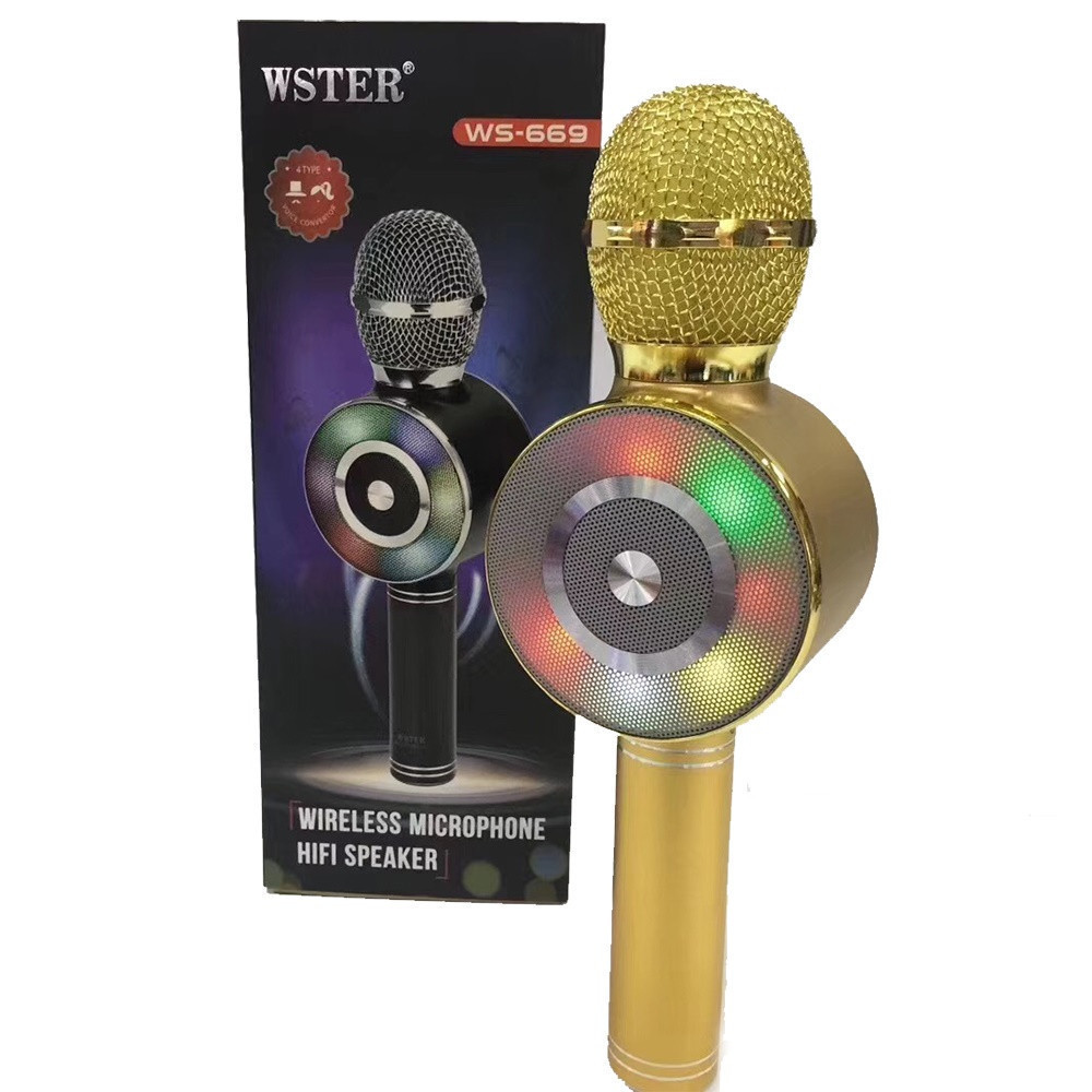 

Микрофон караоке беспроводной Wster WS-669 Золотистый с FM радио / Bluetooth / динамиками / звуковыми эффектами + подсветка Disco Light