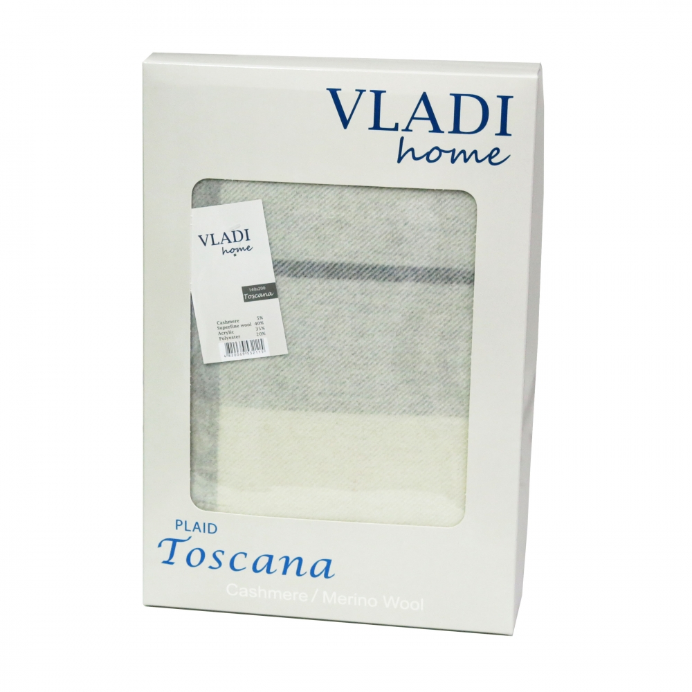 

Плед Vladi Кашемир-Тоскана 14 в коробке полуторный 140*200 см шерстяной белый-серый-темно-серый арт.2385_02_petra_bel_svser_tser