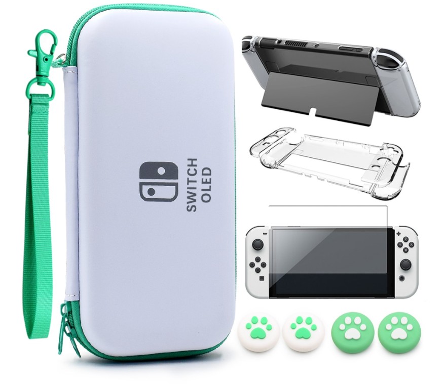 

Супер комплект кейс + чехол + стекло + накладки для Nintendo Switch OLED Green