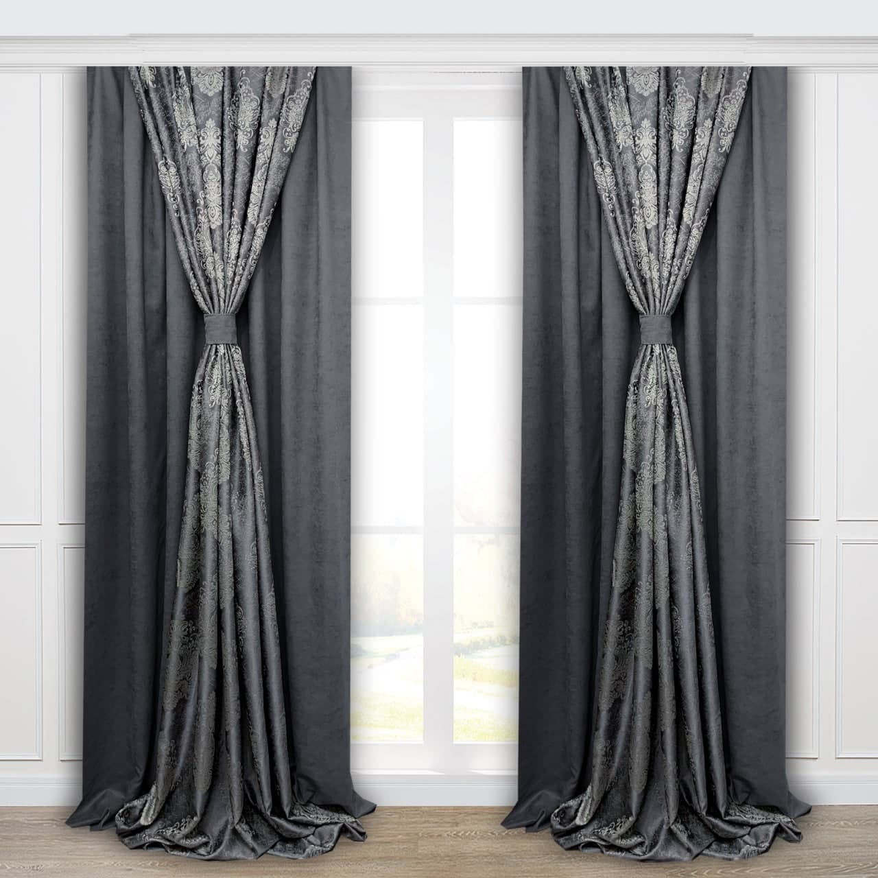 

Шторы темные Adagio Windows Decor Классик из жаккарда с вышивкой в сером цвете 150х270 см (4 шторы), комплект штор для зала с тесьмой